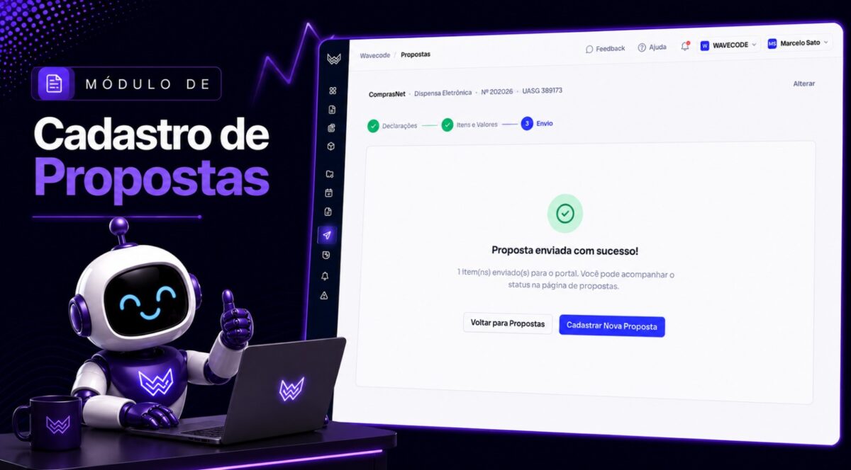 Tela do módulo de Cadastro de Propostas da WaveCode com proposta enviada ao ComprasNet