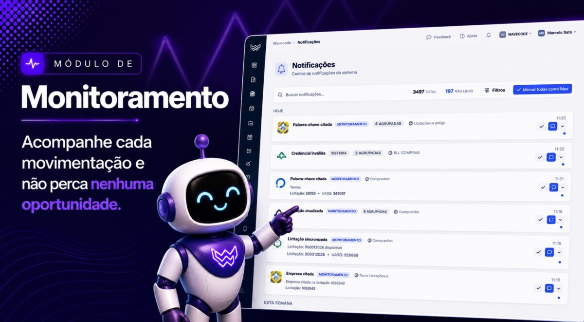 Tela do módulo de Monitoramento da WaveCode com a central de notificações de licitações