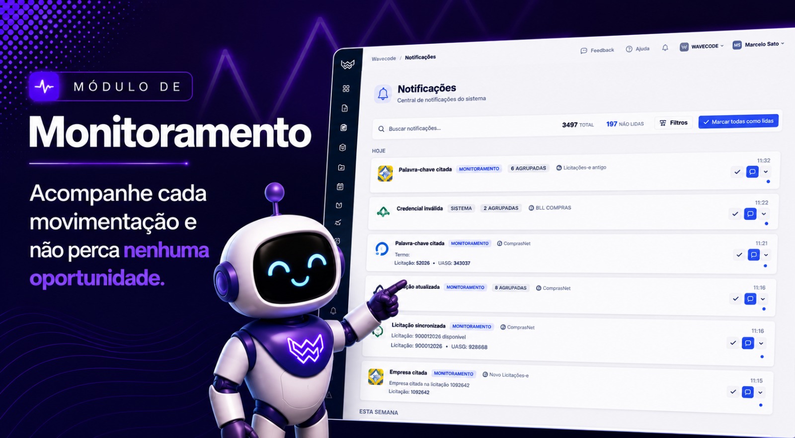 Tela do módulo de Monitoramento da WaveCode com a central de notificações de licitações