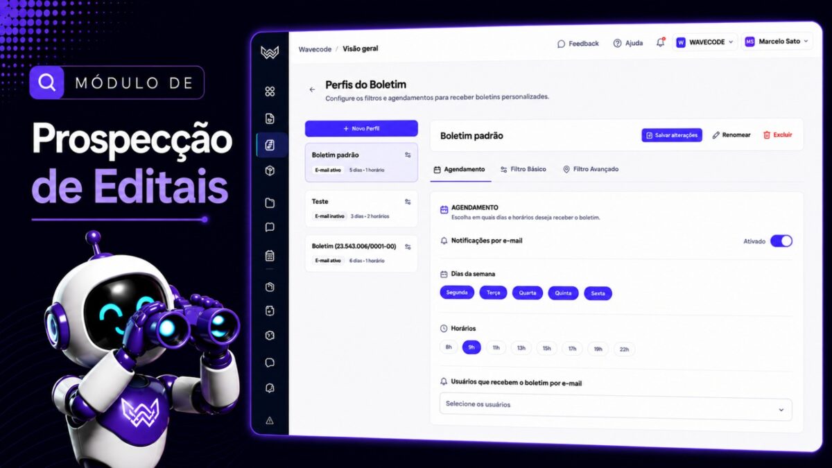 Tela do módulo de Prospecção de Editais da WaveCode com perfis do boletim diário