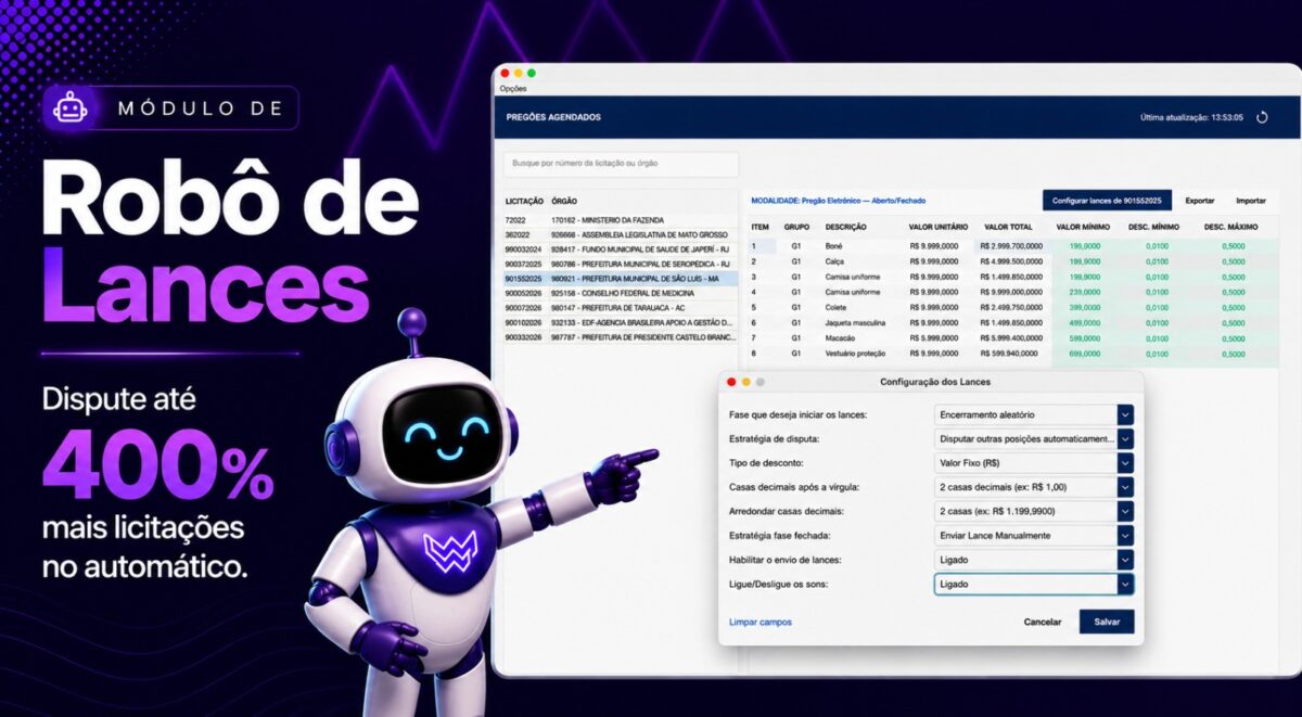 Tela do módulo Robô de Lances da WaveCode com pregões agendados e configuração de lances