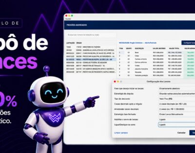 Tela do módulo Robô de Lances da WaveCode com pregões agendados e configuração de lances